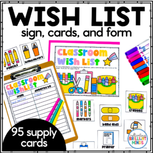 a classroom wishlist form with supply cards