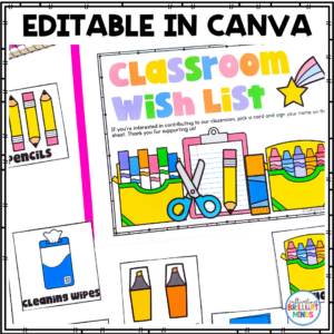 a classroom wishlist form with supply cards