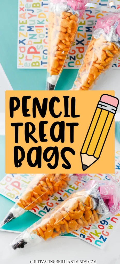 Pencil Treat Bags that are stuffed with kid-friendly snacks and candy in the color order to look like a pencil