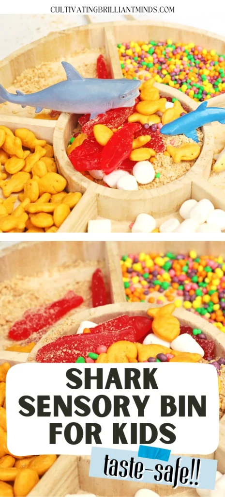 an Edible Shark Bait Sensory Bin with goldfish crackers, nerds, swedish fish, marshmallows, and toy sharks