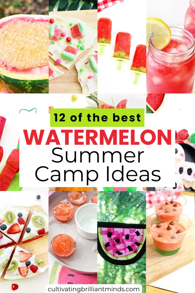 a collage of watermelon crafts, activities, and recipes for summer camp