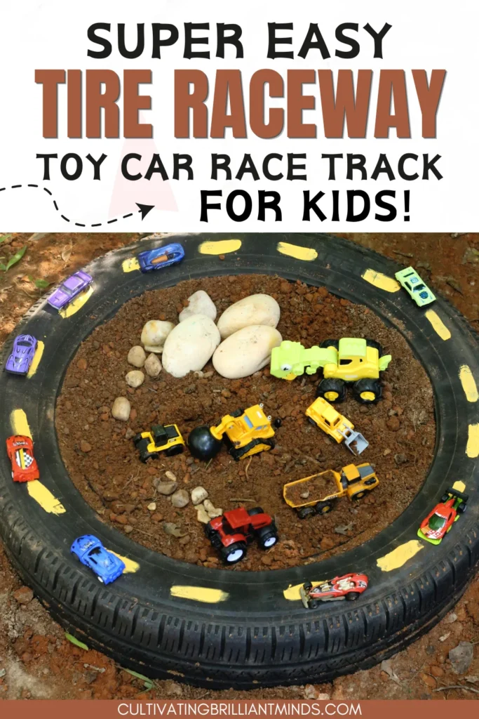 a tire raceway car race track for kids that uses an old tire with toy cars