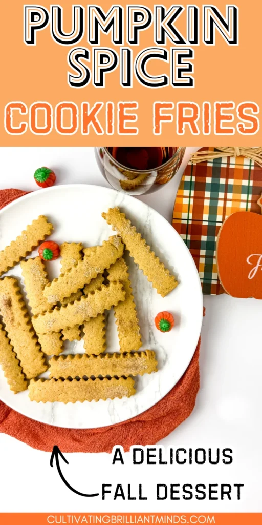 Pumpkin Spice Cookie Fries on a white plate with mini pumpkins next to a plaid hot pad