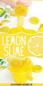 Close-up of lemon slices arranged on a bright yellow slime with a white background behind them.