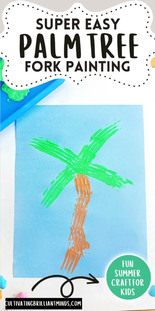 a Fork Painted Palm Tree on blue paper