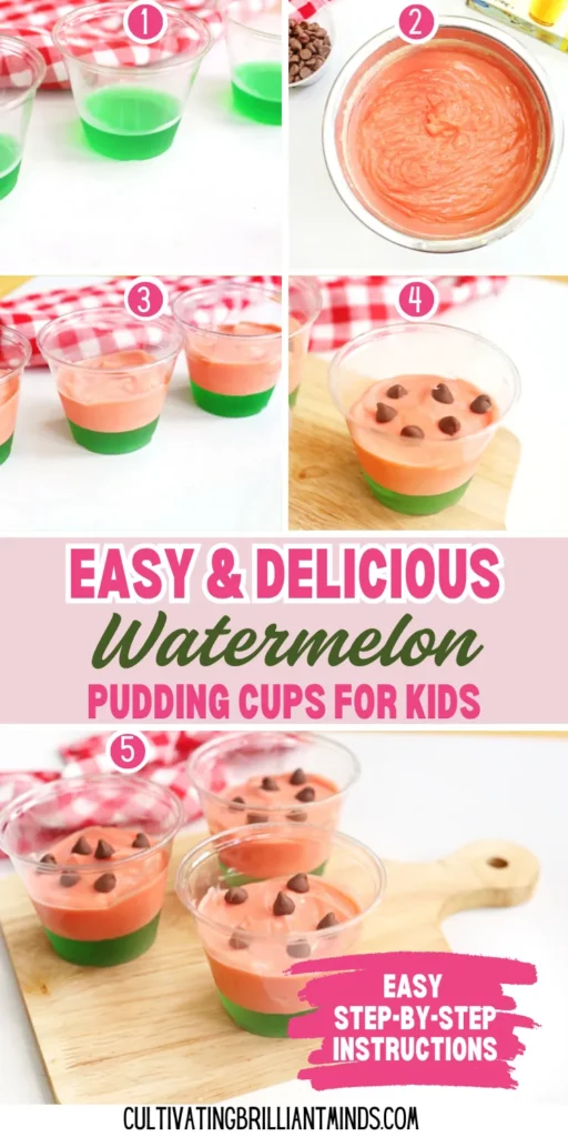 watermelon pudding cups with green jello and pink pudding with chocolate chips on top