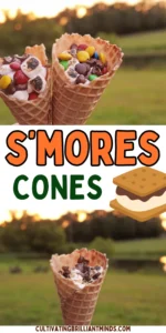 Campfire S'mores Cones that have marshmallows, chocolate chips, and m&ms in a waffle cone