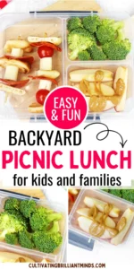a Backyard Picnic Lunch Idea that has veggie and cheese kabobs, broccoli, and apples with peanut butter