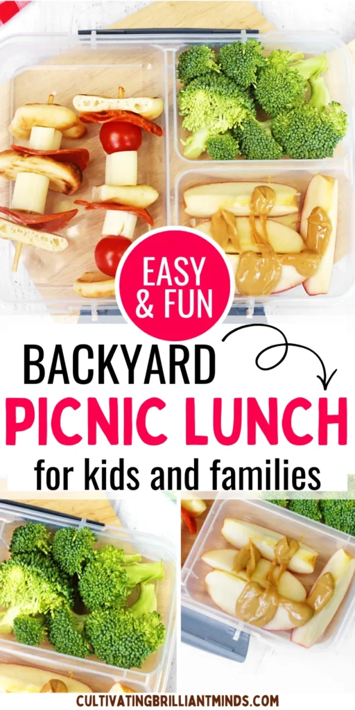a Backyard Picnic Lunch Idea that has veggie and cheese kabobs, broccoli, and apples with peanut butter