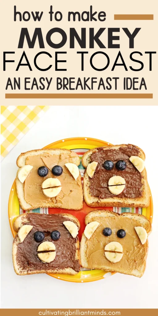 Monkey Face Toast made out of bread, peanut butter and chocolate hazelnut spread, bananas, and blueberries