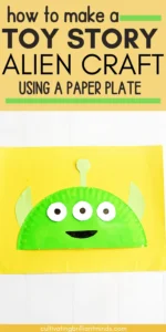 a Toy Story Alien Paper Plate Craft that is a paper plate cut in half, painted green, and decorated to look like the alien from toy story