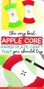an Apple Core Paper Plate Craft that has a paper plate cut and painted to look like an apple core