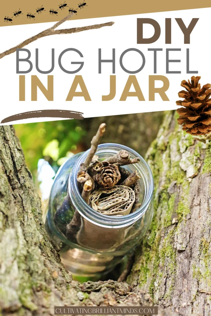 a DIY Bug Hotel In A Jar with moss, sticks, and cardboard in a jar place in a tree