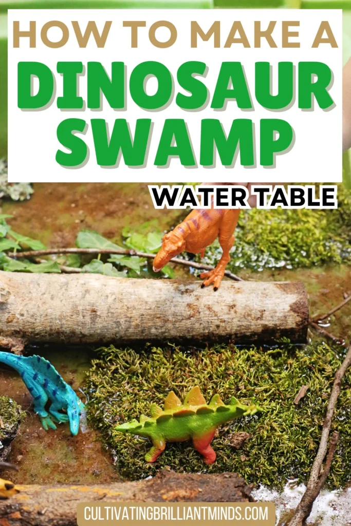 Dinosaur Swamp Water Table - Cultivating Brilliant Minds Two plastic dinosaurs on a mossy log in a garden; yellow triceratops in front and a blue dinosaur behind.