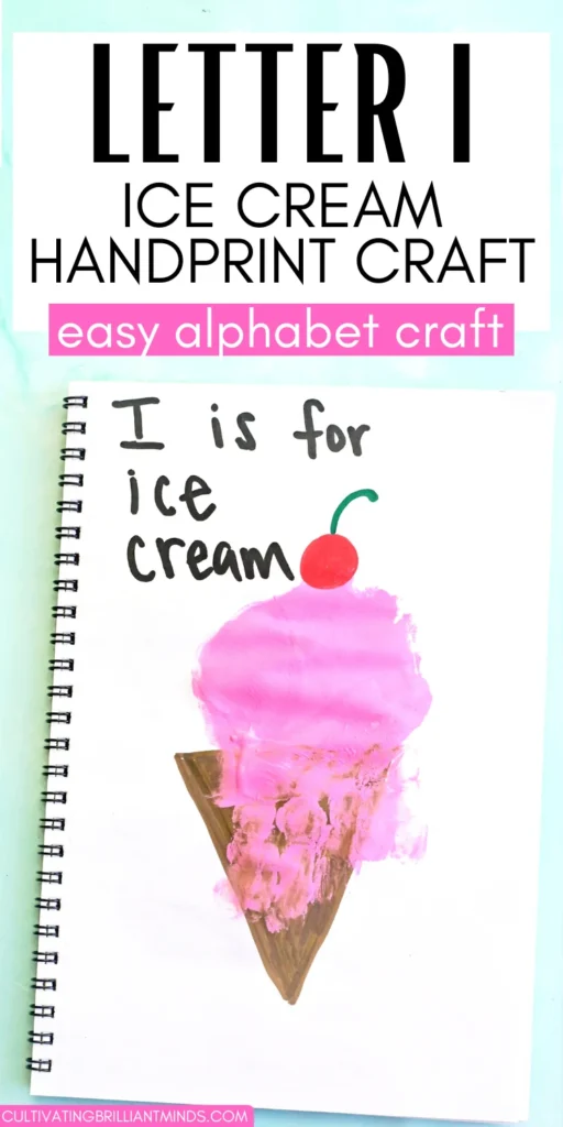 a letter I handprint craft that is an ice cream cone with a pink ice cream handprint, a cherry, and the words :I is for ice cream"