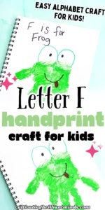 a letter f handprint craft that is a green handprint decorated to look like a frog