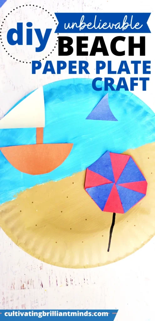 a Beach Paper Plate Craft that is a paper plate painted half blue half tan with construction paper umbrella and sail boat