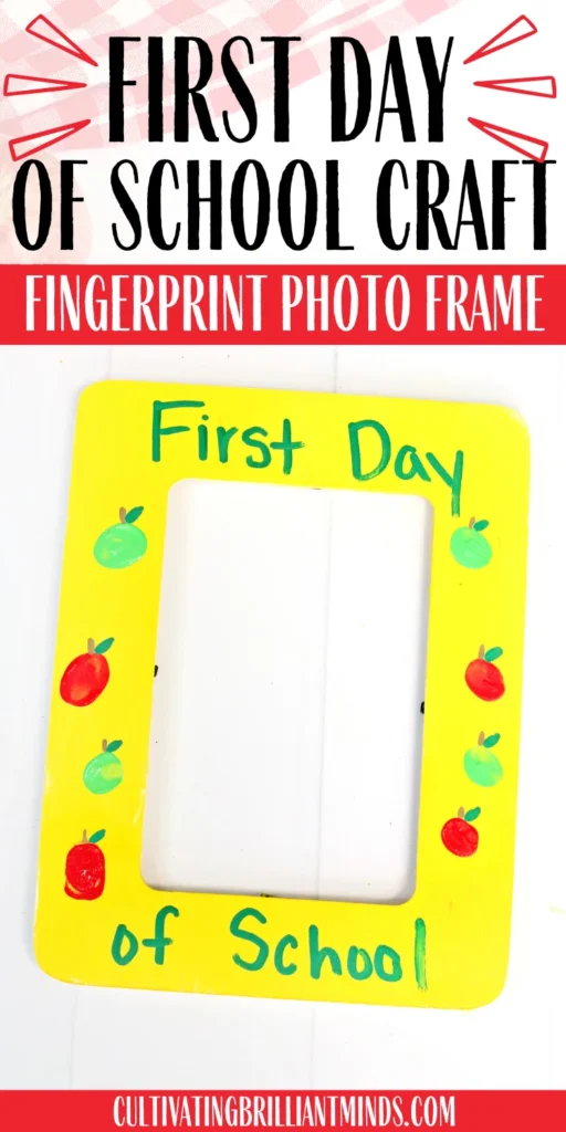 a First Day of School Photo Frame that is painted yellow with fingerprint apples and words that read "first day of school"