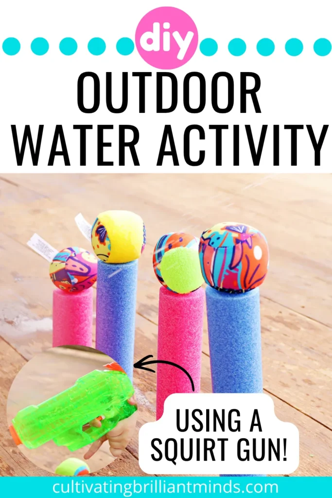 Outdoor Water Play Activity - Cultivating Brilliant Minds pink and blue pool noodles with balls balanced on top next to a green squirt gun