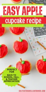 cupcakes that are decorated to look like apples with a pretzel stick for the stem and a green m&ms for the leaf to make these apple cupcakes