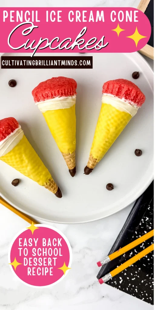 Pencil Ice Cream Cone Cupcakes that have a waffle cone stuffed with cupcakes and decorated to look like a pencil