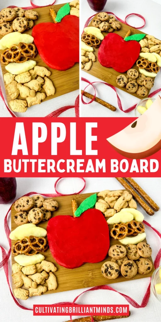 an Apple Buttercream Board that has a buttercream apple surrounded by apple slices, cookies, and pretzels on a wooden baord