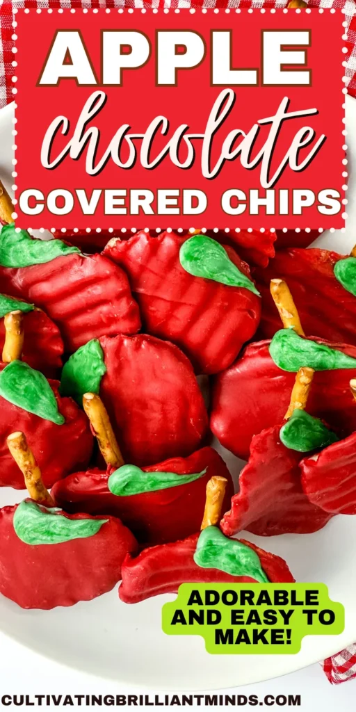 Chocolate Covered Apple Chips - Cultivating Brilliant Minds Chocolate Covered Apple Chips that are chips covered with red melting chocolate with a pretzel rod for a stem and a green melting chocolate leaf on a white plate for a back to school dessert board