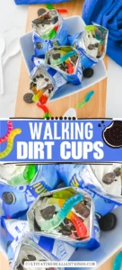 walking dirt cups in mini oreo bags iwth chocolate pudding and gummy worms inside
