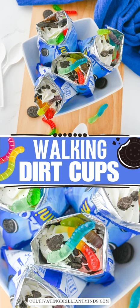 walking dirt cups in mini oreo bags iwth chocolate pudding and gummy worms inside