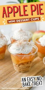 mini dessert cups with a graham cracker crust, apple pie filling, and cool whip on top