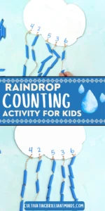 a Raindrop Counting Activity that is a cardboard cloud with blue dyed pasta strung on