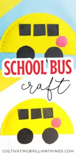 a paper plate school bus craft that is a paper plate cut in half, and painted yellow with construction paper windows, stop sign, and wheels