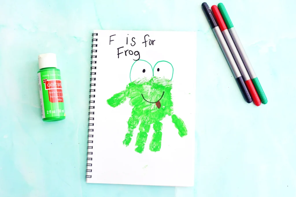 Letter F Frog Handprint Craft - Cultivating Brilliant Minds a letter f handprint craft that is a green handprint decorated to look like a frog