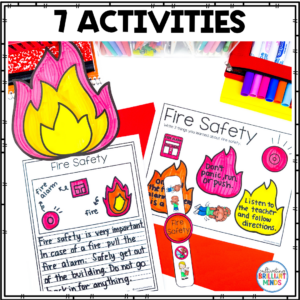 Set of kid-friendly fire-safety activity pages titled 'Fire Safety' and 'Fire Safety' worksheets with flames, stickers, and instructions for learning safety.