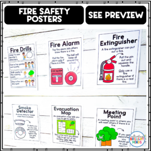 Collage of six fire-safety posters on a white wall, including drills, alarm, extinguisher, smoke detector, evacuation map, and meeting point.