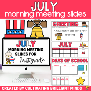 Collage of July-themed morning meeting slides for first grade, featuring a computer screen with the title and patriotic graphics, a bell, and calendar sections.