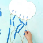a Raindrop Counting Activity that is a cardboard cloud with blue dyed pasta strung on