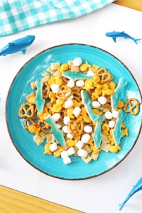 a Shark Snack Mix that has pretzels, marshmallows, chex, and gummy sharks