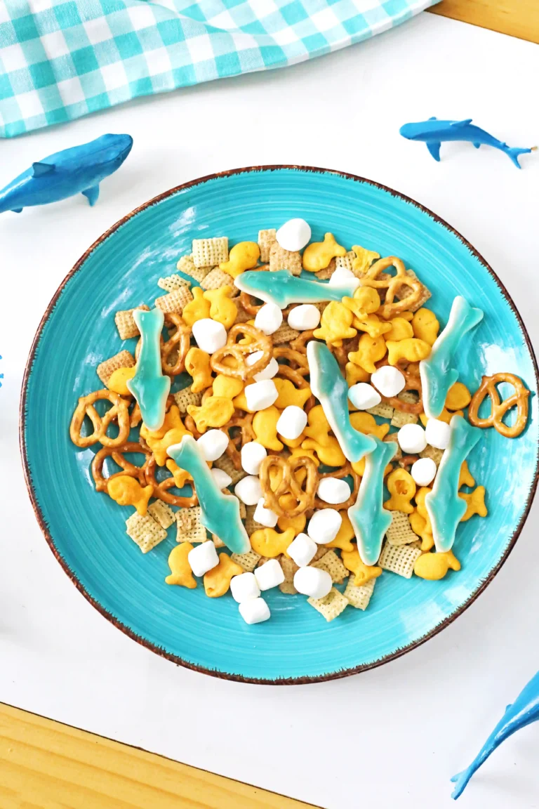 a Shark Snack Mix that has pretzels, marshmallows, chex, and gummy sharks