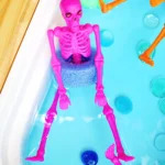 Pink plastic skeleton toy partially submerged in a bright blue pool noodle slice, with other colorful pool toys nearby
