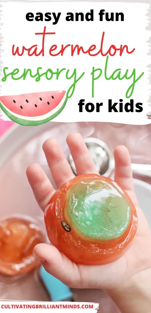 a Watermelon Ice Sensory Play that has a kid holding frozen water dyed pink and green with watermelon seeds