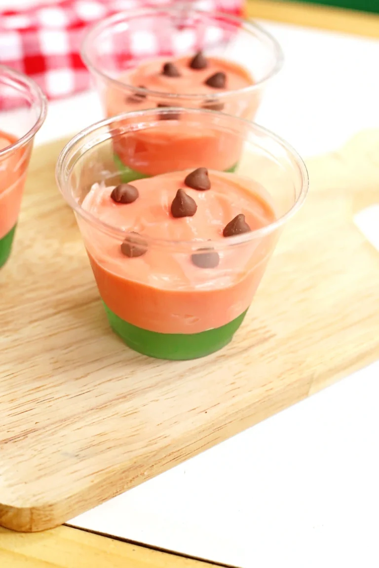 watermelon pudding cups with green jello and pink pudding with chocolate chips on top