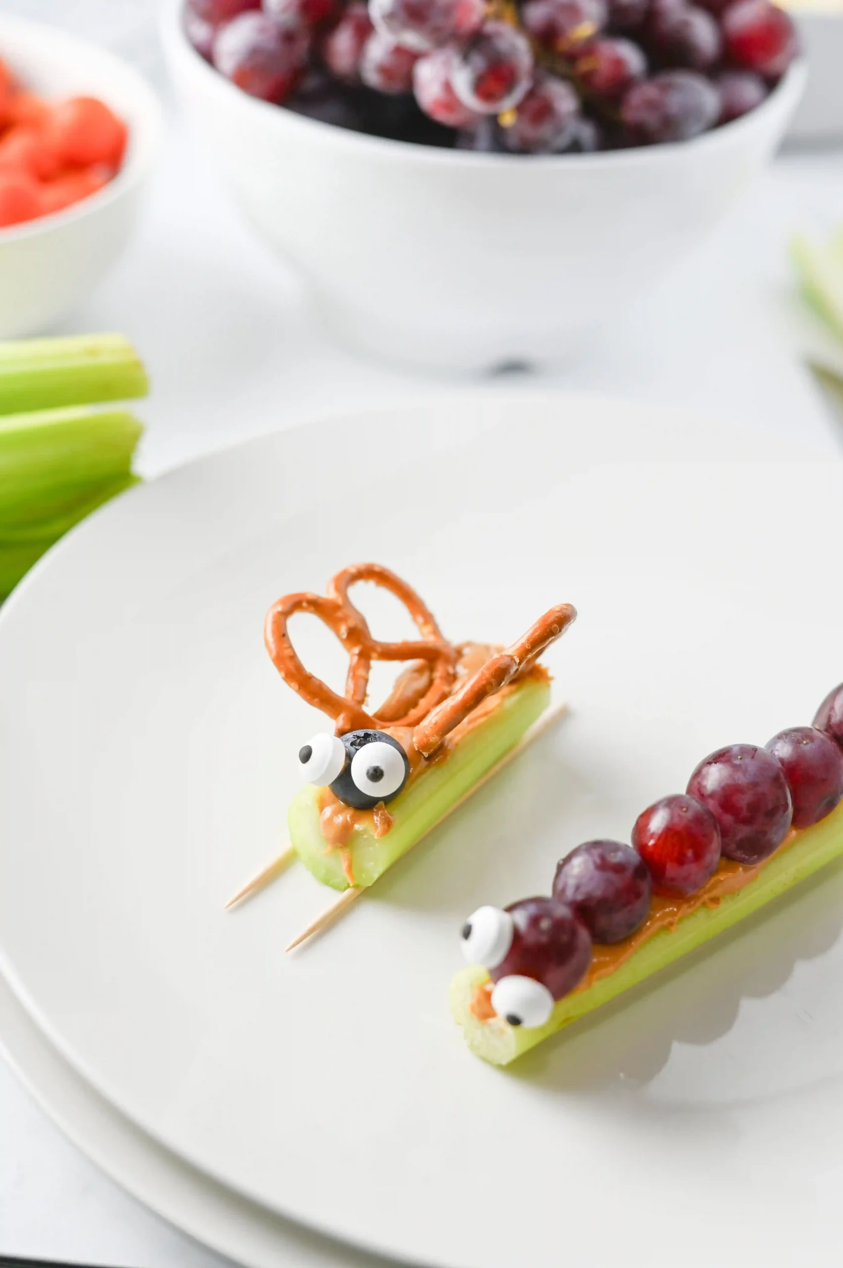 celery bug snacks with peanut butter and various fruits and veggies to look like bugs