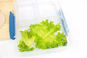 Fresh green lettuce leaves in a clear plastic storage container on a light wooden surface, ready to store or pack.