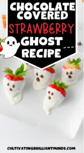 chocolate covered strawberry ghosts that are covered in white chocolate and have milk chocolate eyes and mouths