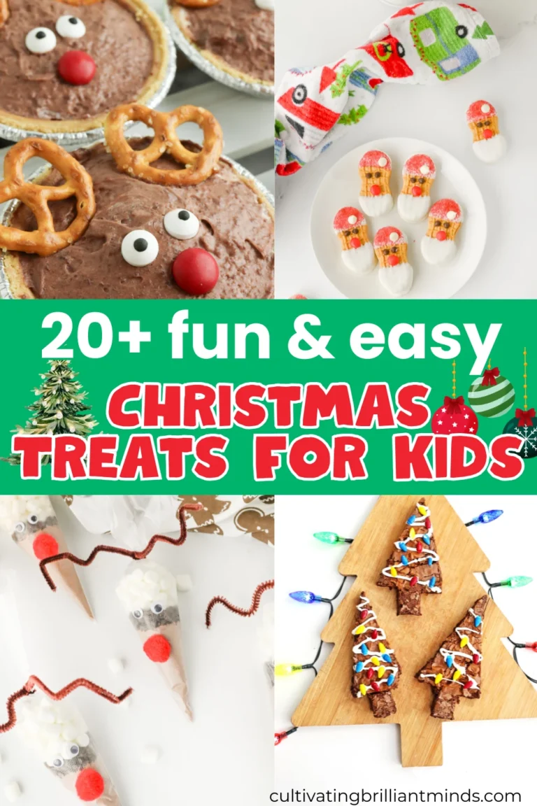 Collage of Christmas treats: reindeer pies, cookie pops, candy-ornament cookies, glittering tree cookies, plus a bold banner reading '20+ fun & easy CHRISTMAS TREATS FOR KIDS'.