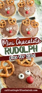 mini rudolph pies that are chocolate pudding pies decorated to look like rudolph