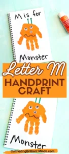 a letter m handprint craft that is an orange handprint decorated to look like a monster with the words "M is for monster" written on the page