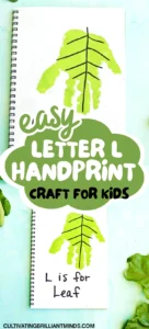 a letter L handprint craft that is a green handprint decorated to look like a leaf