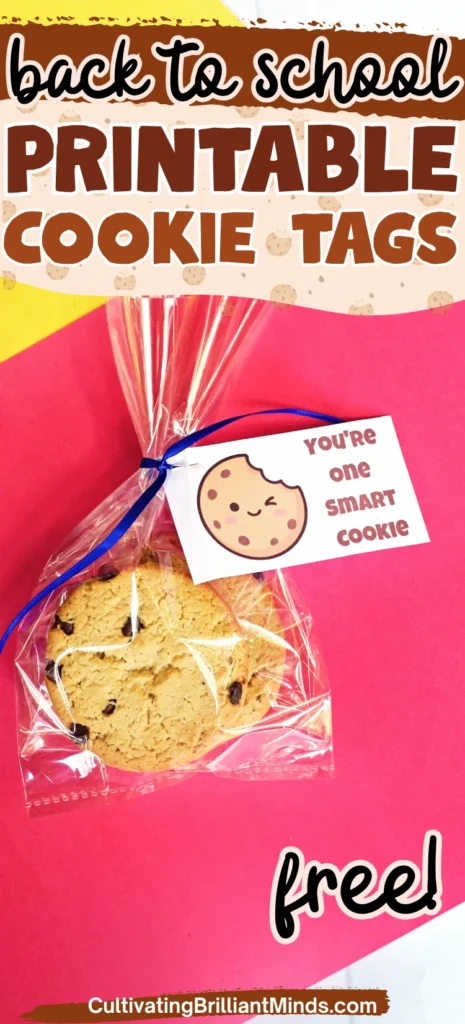 back to school printable tags that read "you're one smart cookie" with a bag with cookies on a yellow and red background